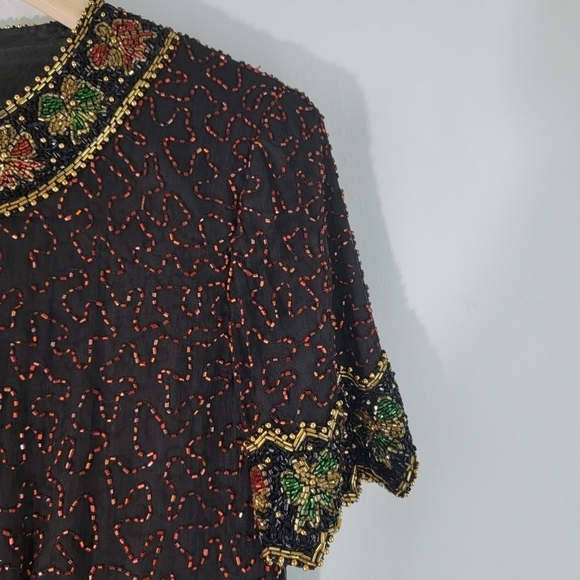 Stenay Black Multi Full Beaded 100% Silk Blouse Sz L Short Sleeve Holidays Lined - Picture 4 of 12